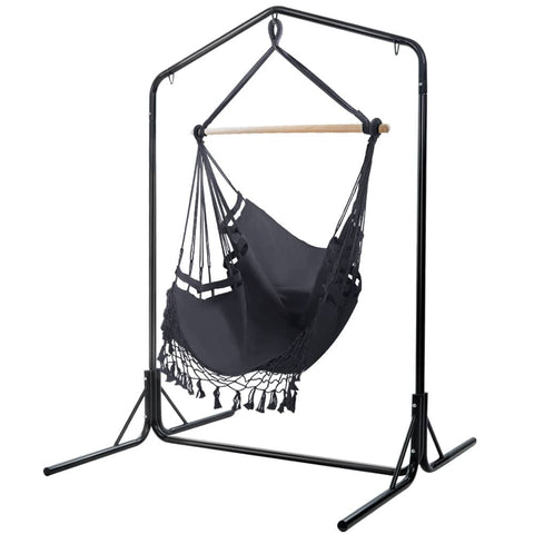 darrahopens Furniture > Outdoor Gardeon Outdoor Hammock Chair with Stand Tassel Hanging Rope Hammocks Grey