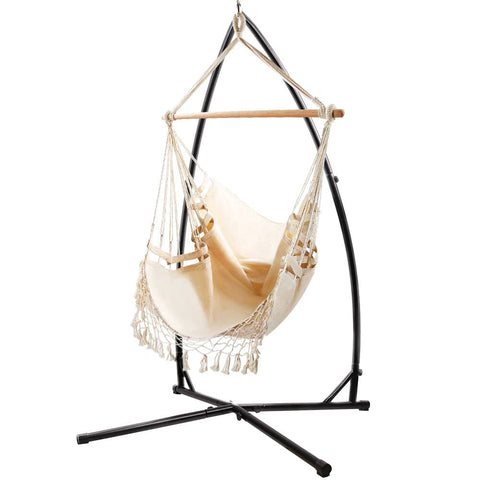 darrahopens Furniture > Outdoor Gardeon Outdoor Hammock Chair with Steel Stand Tassel Hanging Rope Hammock Cream