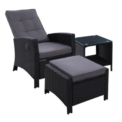 darrahopens Furniture > Outdoor Gardeon Outdoor Setting Recliner Chair Table Set Wicker lounge Patio Furniture Black