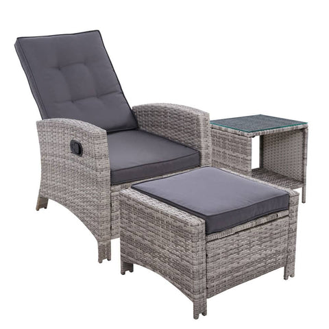 darrahopens Furniture > Outdoor Gardeon Outdoor Setting Recliner Chair Table Set Wicker lounge Patio Furniture Grey
