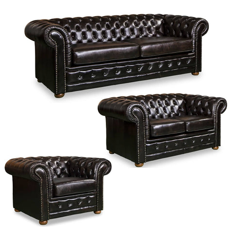 Darrahopens Furniture > Sofas 3+2+1 Seater Genuine Leather Upholstery Deep Quilting Pocket Spring Button Studding Sofa Lounge Set for Living Room Couch In Brown Colour