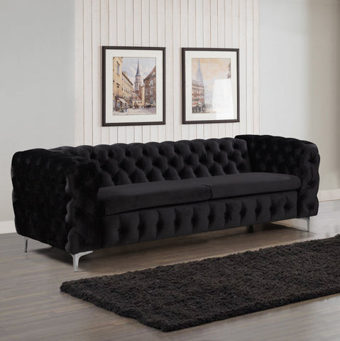 Darrahopens Furniture > Sofas 3 Seater Sofa Classic Button Tufted Lounge in Black Velvet Fabric with Metal Legs