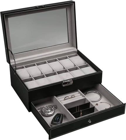 Darrahopens Health & Beauty > Cosmetic Storage 12 Slot PU Leather Lockable Watch and Jewelry Storage Boxes (Black)