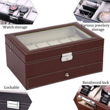 Darrahopens Health & Beauty > Cosmetic Storage 12 Slot PU Leather Lockable Watch and Jewelry Storage Boxes (Brown)