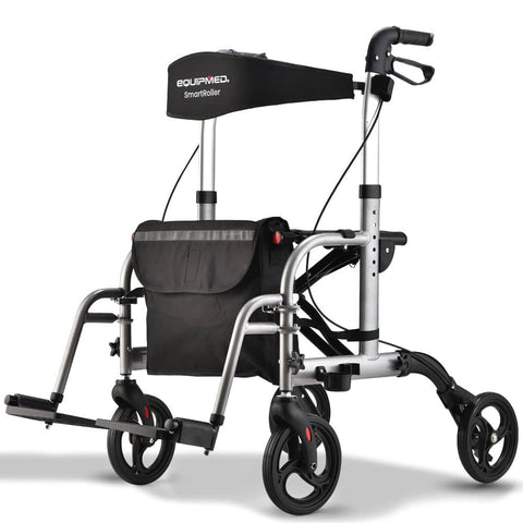 Darrahopens Health & Beauty EQUIPMED 2-in-1 Folding Rollator Wheelchair Adjustable Mobility Walker w/ Park Brakes & Bag, Silver