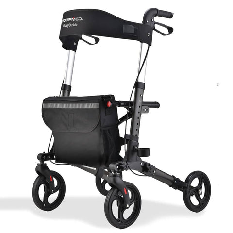 Darrahopens Health & Beauty EQUIPMED Foldable Aluminium Walking Frame Rollator with Bag and Seat, Titanium Colour