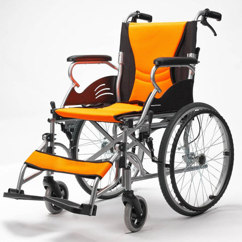 Darrahopens Health & Beauty EQUIPMED Folding Aluminium Wheelchair, 20" Wheels, Park Brakes, 100kg Capacity, Orange
