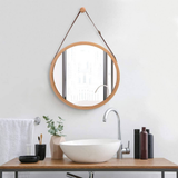 darrahopens Health & Beauty > Makeup Mirrors Hanging Round Wall Mirror 45 cm - Solid Bamboo Frame and Adjustable Leather Strap for Bathroom and Bedroom
