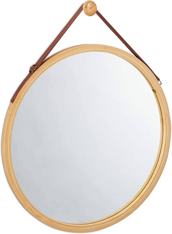 darrahopens Health & Beauty > Makeup Mirrors Hanging Round Wall Mirror 45 cm - Solid Bamboo Frame and Adjustable Leather Strap for Bathroom and Bedroom