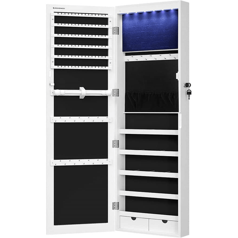Darrahopens Health & Beauty > Makeup Mirrors SONGMICS 6 LEDs Jewelry Cabinet Armoire Organizer with Mirror 2 Drawers White JJC93W