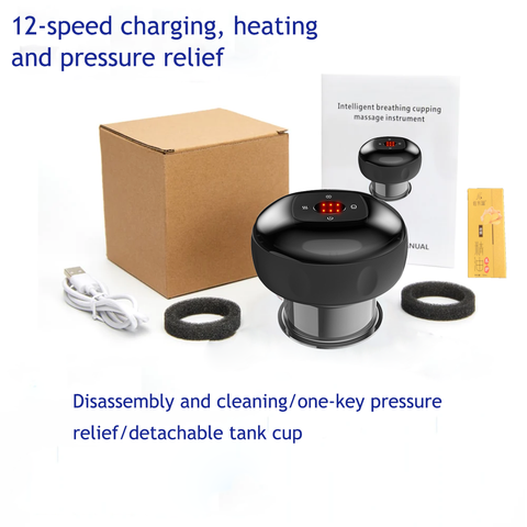 Darrahopens Health & Beauty > Massage & Relaxation 12 levels Electric Cupping Therapy Smart Scraping Massager Red Light Heating Body Slimming Black