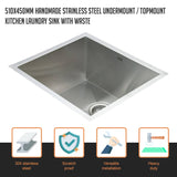 darrahopens Home & Garden > Bathroom Accessories 510x450mm Handmade Stainless Steel Undermount / Topmount Kitchen Laundry Sink with Waste