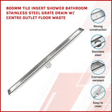 darrahopens Home & Garden > Bathroom Accessories 800mm Tile Insert Shower Bathroom Stainless Steel Grate Drain w/Centre outlet Floor Waste