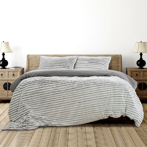 Darrahopens Home & Garden > Bedding Ardor Striped Faux Fur Grey Super Soft Quilt Cover Set Queen