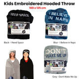 Darrahopens Home & Garden > Bedding Kids Embroidered Hooded Throw Rug 100 x 125cm Black I Need Space