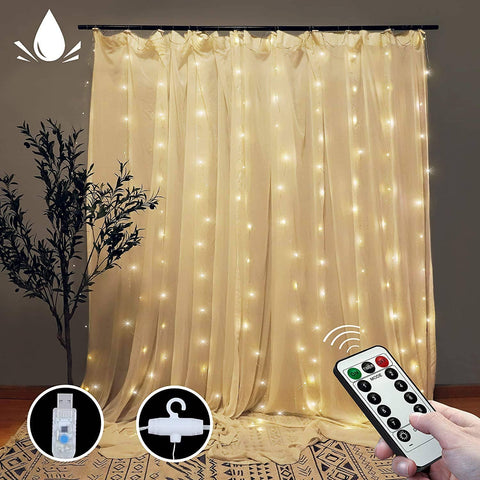 Darrahopens Home & Garden > Curtains 300 LEDs Window Curtain Fairy Lights 8 Modes and Remote Control for Bedroom (Warm White, 300 x 300cm)
