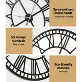 darrahopens Home & Garden > DIY Artiss 60CM Large Wall Clock Roman Numerals Round Metal Luxury Home Decor Black