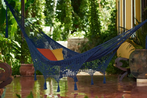 Darrahopens Home & Garden > Hammocks Mayan Legacy Queen Size Deluxe Outdoor Cotton Mexican Hammock in Blue Colour