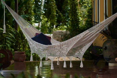 Darrahopens Home & Garden > Hammocks Mayan Legacy Queen Size Deluxe Outdoor Cotton Mexican Hammock in Cream Colour
