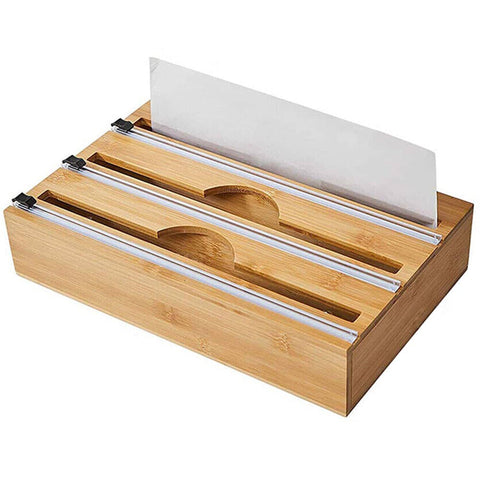 Darrahopens Home & Garden > Home & Garden Others 3 Grids Bamboo Food Wrap Dispenser Cutter Foil Cling Film Storage Holder Box Kitchen