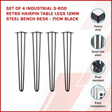 darrahopens Home & Garden > Home & Garden Others Set of 4 Industrial 3-Rod Retro Hairpin Table Legs 12mm Steel Bench Desk - 71cm Black