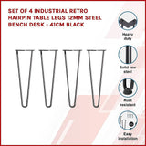 darrahopens Home & Garden > Home & Garden Others Set of 4 Industrial Retro Hairpin Table Legs 12mm Steel Bench Desk - 41cm Black