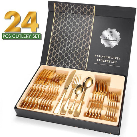 Darrahopens Home & Garden > Kitchenware 24-Piece Stainless Steel Gold Set, Knife Fork Spoon Flatware Set Cutlery Set, Mirror Finish