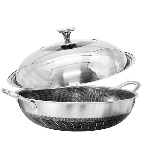 Darrahopens Home & Garden > Kitchenware 304 Stainless Steel 38cm Non-Stick Stir Fry Cooking Kitchen Wok Pan with Lid Honeycomb Double Sided