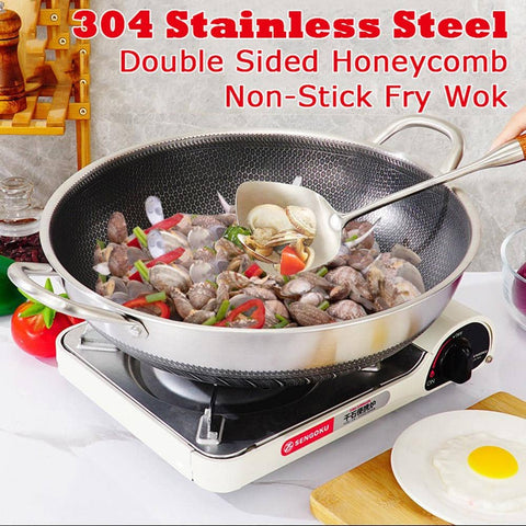 Darrahopens Home & Garden > Kitchenware 316 Stainless Steel Non-Stick Stir Fry Cooking Kitchen Wok Pan with Lid Honeycomb Double Sided