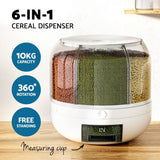 Darrahopens Home & Garden > Kitchenware 6-In-1 Cereal Dispenser Rotating Grain Container 10KG Rice Storage Dry Food Box