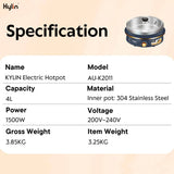 Darrahopens Home & Garden > Kitchenware Kylin Electric 1500W Hotpot with Stainless Steel Inner Pot 4L AU-K2011