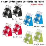Darrahopens Home & Garden > Kitchenware Set of 4 Cotton Waffle Checkered & Plain Dyed Tea Towels 50cm x 70cm Green