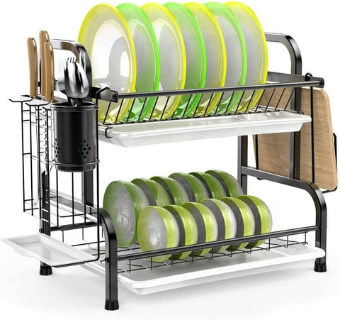 Darrahopens Home & Garden > Kitchenware Stainless Steel 2-Tier Dish Drying Rack with Utensil Holder, Cutting Board Holder and Dish Drainer for Kitchen Counter (Black)