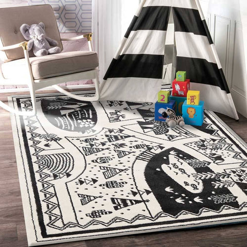 darrahopens Home & Garden > Rugs Piccolo Black and White Kids Camping Adventure Kids Rug 120x170cm