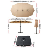 Darrahopens Home & Garden > Shading Instahut Outdoor Umbrella Beach Twin Base Stand Garden Sun Shade Beige 4.57m