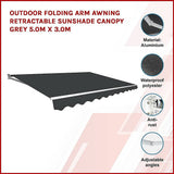 Darrahopens Home & Garden > Shading Outdoor Folding Arm Awning Retractable Sunshade Canopy Grey 5.0m x 3.0m