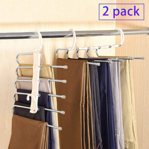 Darrahopens Home & Garden > Storage 2 Pack Adjustable Multi-Layer 5 in 1 Pants Hanger for Wardrobe and Home Storage (White)