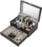 Darrahopens Home & Garden > Storage Black Leather Watch Box Jewelry Display Case with Drawers (12 Slots with 2 Layers)