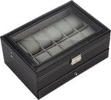 Darrahopens Home & Garden > Storage Black Leather Watch Box Jewelry Display Case with Drawers (12 Slots with 2 Layers)