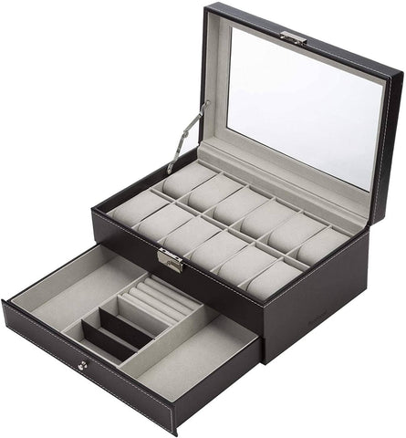 Darrahopens Home & Garden > Storage Black Leather Watch Box Jewelry Display Case with Drawers (12 Slots with 2 Layers)