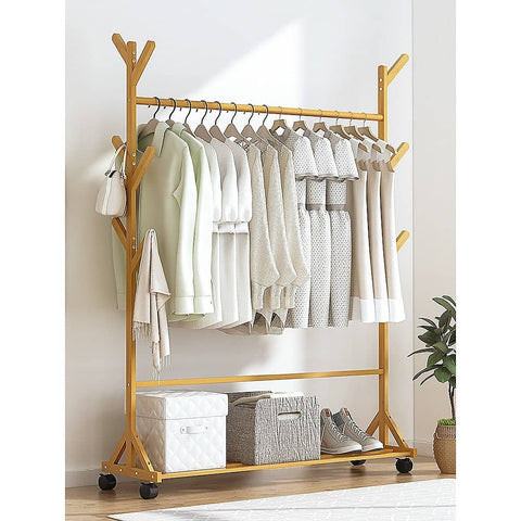 darrahopens Home & Garden > Storage Portable Clothes Rack Coat Garment Stand Bamboo Rail Hanger Airer Closet