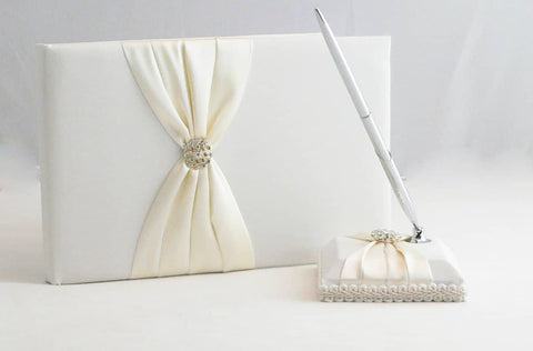 Darrahopens Occasions > Wedding Accessories White Wedding Guest Book Register with Silver Pen Matching Stand Set 36 Lined Pages - Ivory Sach Ribbon Cover