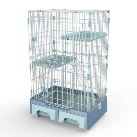 Darrahopens Pet Care > Cat Supplies 134 cm Blue Pet 3 Level Cat Cage House With Litter Tray And Storage Box