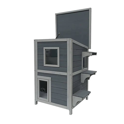 Darrahopens Pet Care > Cat Supplies Cat House Weatherproof 2-Story Indoor Outdoor Wooden Shelter Bitumen Roof