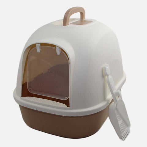 Darrahopens Pet Care > Cat Supplies Portable Hooded Cat Toilet Litter Box Tray House with Handle and Scoop Brown