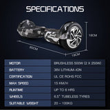 Darrahopens Sports & Fitness BULLET Electric Hoverboard Scooter 6.5 Inch Wheels, Colour LED Lighting, Carry Bag, Gen III Camo Grey
