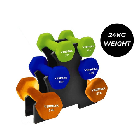 Darrahopens Sports & Fitness > Fitness Accessories VERPEAK 24kg (3,4,5kg x 2) Neoprene Dumbbell Set With Rack Green VP-DB-140-AC