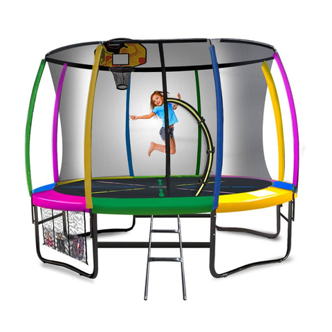 Darrahopens Sports & Fitness > Trampolines Kahuna 10ft Outdoor Trampoline Kids Children With Safety Enclosure Pad Mat Ladder Basketball Hoop Set - Rainbow
