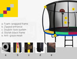 Darrahopens Sports & Fitness > Trampolines UP-SHOT 10ft Round Kids Trampoline with Curved Pole Design, Basketball Set and Sprinkler Accessory, Black and Multi-Colour