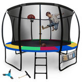 Darrahopens Sports & Fitness > Trampolines UP-SHOT 10ft Round Kids Trampoline with Curved Pole Design, Basketball Set and Sprinkler Accessory, Black and Multi-Colour